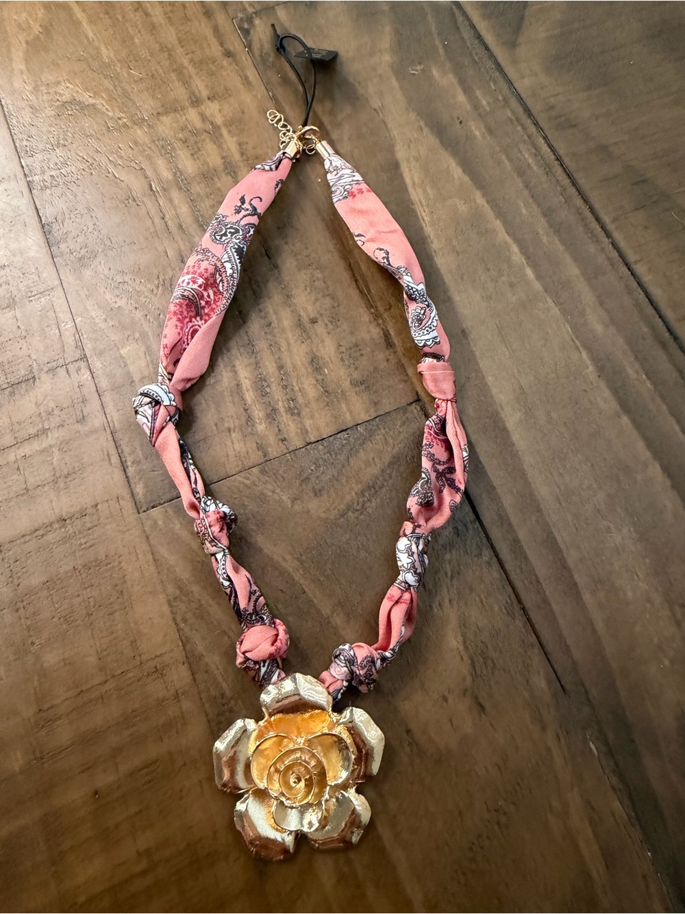 Noir pink fabric bandana Necklace with large gold flower charm new necklace